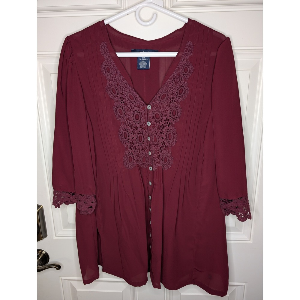 Denim 24/7 Boho Burgundy Merlot Tunic Crochet Detail Women's 16W